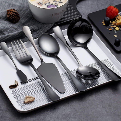 HOMQUEN 6-Piece Black Serving Flatware Silverware Set,Stainless Steel Serving Utensil Set,Include Cake Server, Slotted Serving Spoon, Serving Spoon, Cold Meat Fork, Butter Knife, Soup Ladle by HOMQUEN