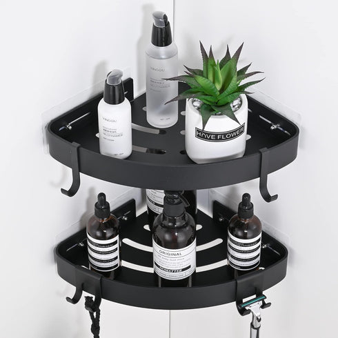 DUFU Adhesive Corner Shower Caddy with Hooks,Bathroom Shower Organizer, No Drilling Rust