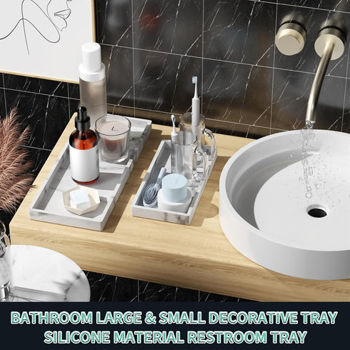 BBK Bathroom Vanity Tray - 2 Pack (7.8" and 11.8") Silicone Bathroom Trays for Counter, Perfume Key Trinket Ring Tray, Decor Soap Dispenser Countertop Tray for Kitchen Sink Organization (Marble Gray) by BBK