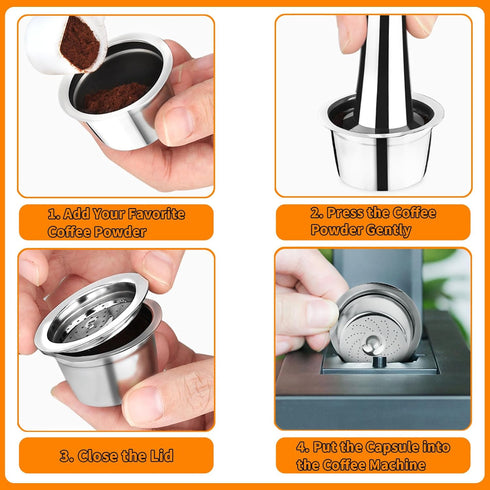 Stainless Steel Reusable Espresso Capsules for K Fee Pods, Includes 30mm Tamper, Spoon, and Brush
