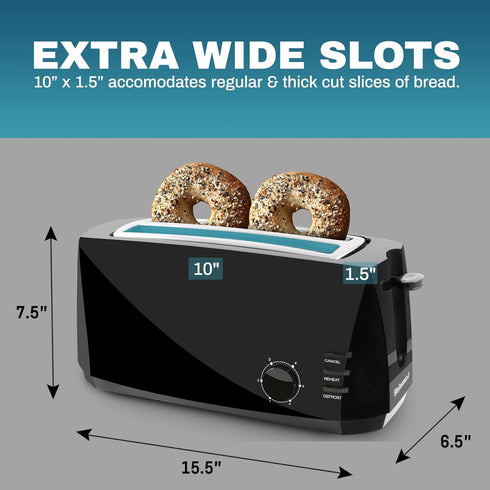 Elite Gourmet ECT4829B Long Slot 4 Slice Toaster, 6 Toast Settings, Defrost, Reheat, Cancel Functions, Extra Wide Slots