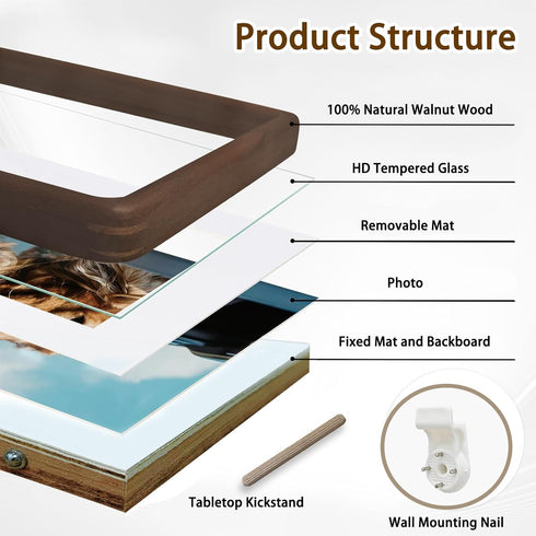 RRQKMBO 6x8 5x7,Rounded Natural Dark Walnut Solid Wood Picture Frames, Hand Make Crafted Original Wood Frame with Mat