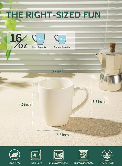 Sweese Set of 4 Porcelain Coffee Mugs - 16 Ounce for Coffee, Latte, Tea, Cocoa, White
