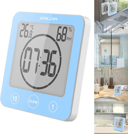 Digital Bathroom Shower Wall Clock Timer, LCD Waterproof Touch Screen Timer with Suction Temperature Humidity Gauge