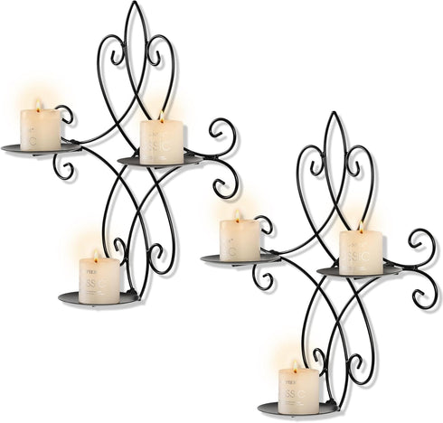 Set 2, 14.4"11.8" Wall Candle Sconce Holder of Metal Wall Sconces Decor Hanging Wall Mounted Candle Stick Holder, Black