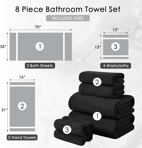 8 Set Black|2 Sheet,2 Towels,4 Cozy Set Piece Bath Towel Oversized Large Bath Hand Washcloths| Ultra Soft Bath Towel