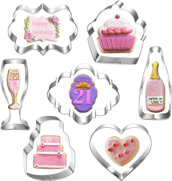 Celebration Cookie Cutter Set, 7 Piece Cake, Heart, Cupcake, Champagne, Wine Bottle, Plaque Cookie Cutters