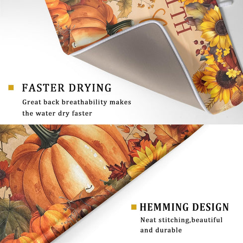 Fall Pumpkin Sunflower Dish Drying Mat 18”x24”, Absorbent Autumn Orange Pumpkins Drying Mat for Kitchen Counter