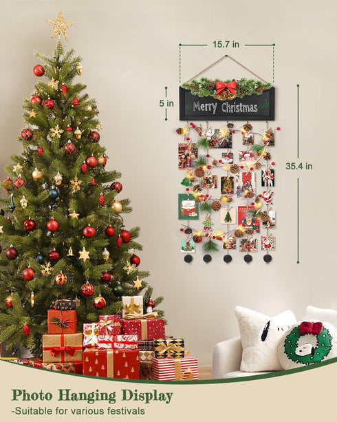 Bikoney Collage Picture Frames Wall Decor, Rustic Photo Hanging Display Board with Blackboard and 30 Clips for Home