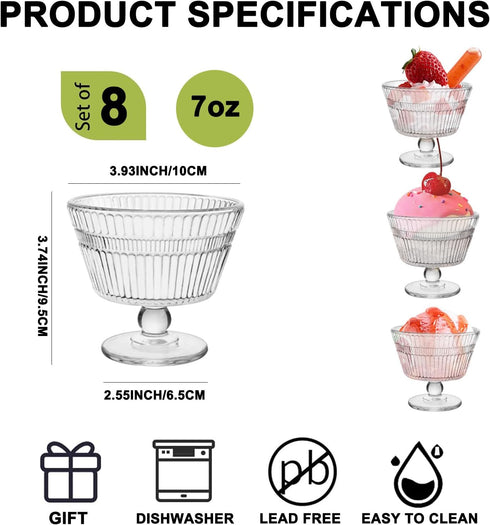 Set 8, 9 oz (8) Vintage Glass Dessert Bowls, Dessert cups of Sundae Cups for Ice Cream, Fruit, Pudding, small snacks