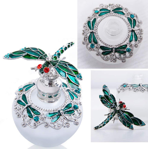 YU FENG 40ml Fancy Empty Crystal Perfume Bottle, Green Dragonfly Stopper, Refillable Glass Container