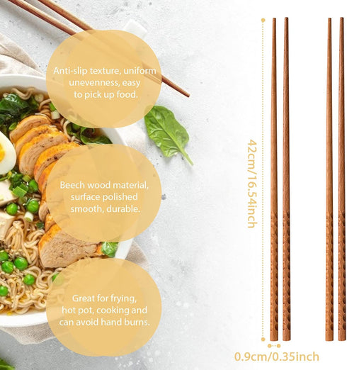 16.5 Inches Wooden Cooking Chopsticks, 2 Pairs Reusable Long Anti-Slip Chopsticks for Noodles, Frying, Hotpot