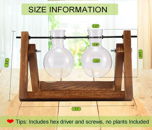 (2 Bulbs) Kingbuy Glass Desktop Planter with Retro Wooden Stand and Plant Terrarium vase for Indoor Office Desk Decor