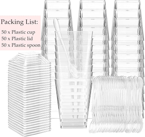 50 Pack 5 oz TOFLEN Plastic Dessert Cups with Lids for Party, Mini Square Dessert Cups with Spoons for Yogurt, Parfait
