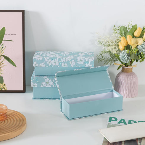 Blue Botanical Decorative Storage Boxes with Lids, Set of 3 White Floral Memory Keepsake Boxes for Organizing