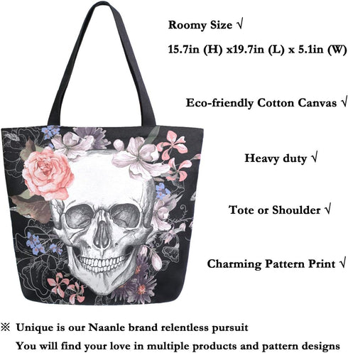 Naanle Day of The Dead Canvas Tote Bag - Large Floral Skull Reusable Cotton Handbag for Shopping, Outdoors