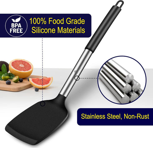 HOTEC Heat Resistant Silicone Slotted Solid Turner Spatula, Kitchen Spatula Set, Cooking Utensils for Nonstick