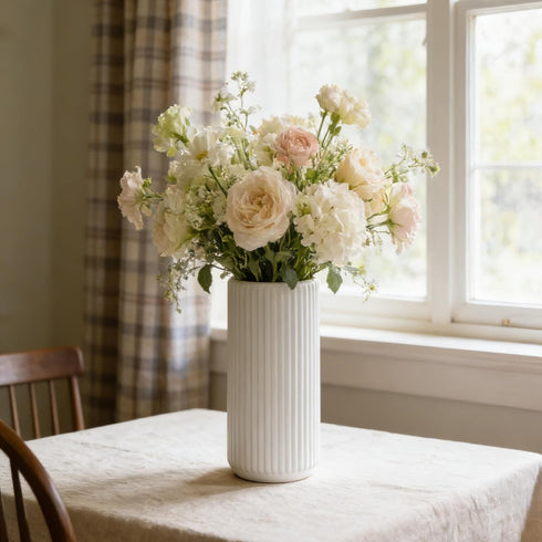 8 inch Countertop, White Ceramic Flower Vase for Pampas Grass, Small Decorative Centerpiece Ribbed Vase for Dining