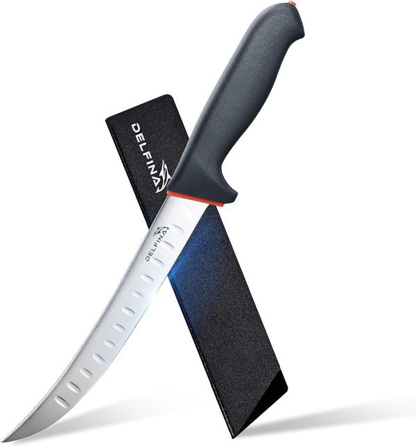 DELFINA Curved Breaking Knife 8 inch with Sheath & SoftGrip Handle, Butcher Knife for Meat Cutting, High Carbon