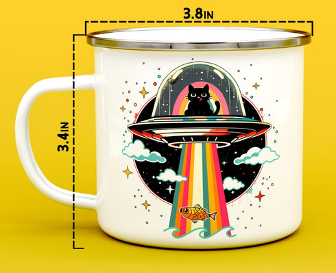 Retro UFO Cat Fish Abduction Enamel Campfire Mug - Fun Outdoor Camping Coffee Cup (16oz)