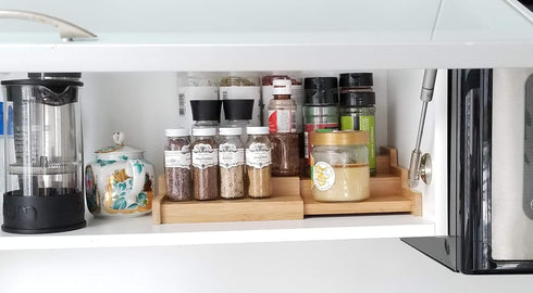 Lustiger Chef 3-Tier Countertop Spice Rack Organizer for Cabinet, Expandable Natural Bamboo Desk Shelf, Adjustable