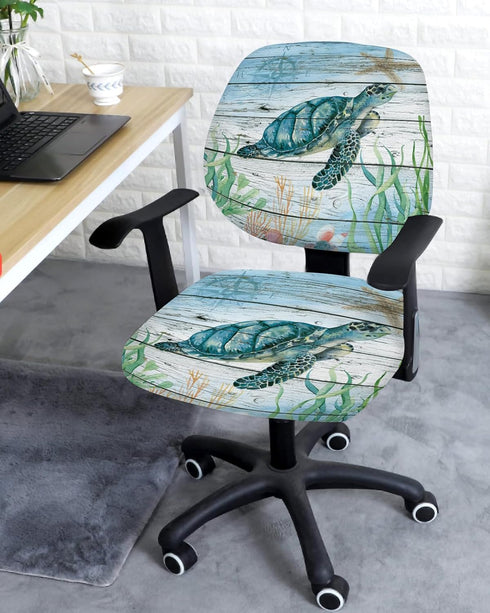 Sea Turtle Computer Office Chair Cover, Vintage Blue Ocean Turtle Wood Grain Split Stretchable Chair Seat Covers, Retro Polyester Removable Washable Universal Desk Rotating Chair Slipcover Protector