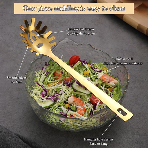 ReaNea Gold Spaghetti Spoon, Pasta Server, Stainless Steel Pasta Spoon with Teeth, One-Piece Metal Pasta Fork, Noddle