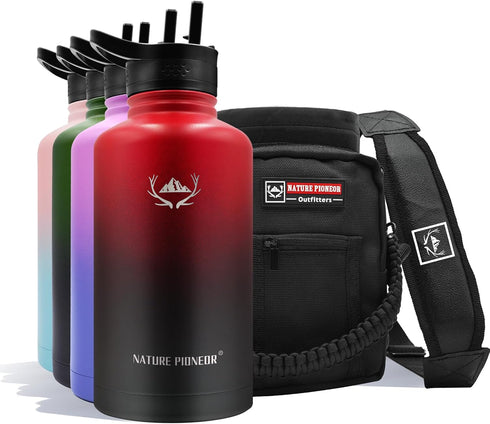 NATURE PIONEOR 64oz Insulated Water Bottle with Straw - Stainless Steel Vacuum Water Jug with Sleeve