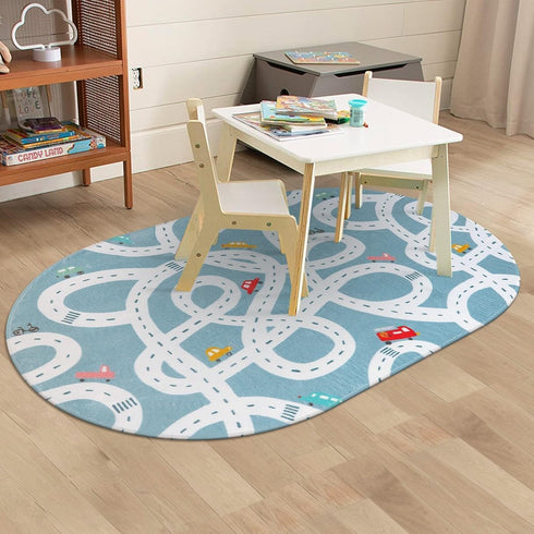 4'x6' LIVEBOX Large Washable Kids Rug, Non-Slip Car Road Rug for Playroom, Fun Kids Room Rugs for Bedroom, Blue Road