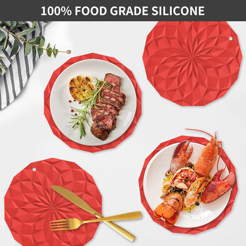 ME.FAN Silicone Trivet Mats - 4 Pack Pot Holders - 7.4'' Thickened Hot Pads for Hot pots, Pans and Dishes, Heat Resistant Silicone Trivet for Table and Counter Top Red by ME.FAN