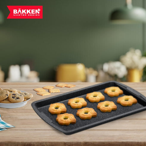 Bakken Swiss Cookie Sheet 3 Piece Set, Non-Stick Stackable Baking Pans with Gray Marble Deluxe Ceramic Coating