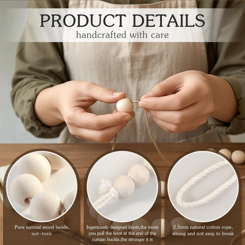 2 Hion Pcs Boho Curtain Tiebacks,Wood Beads Curtain Holdbacks,Outdoor Farmhouse Tie Backs for Curtains,Curtain Holders