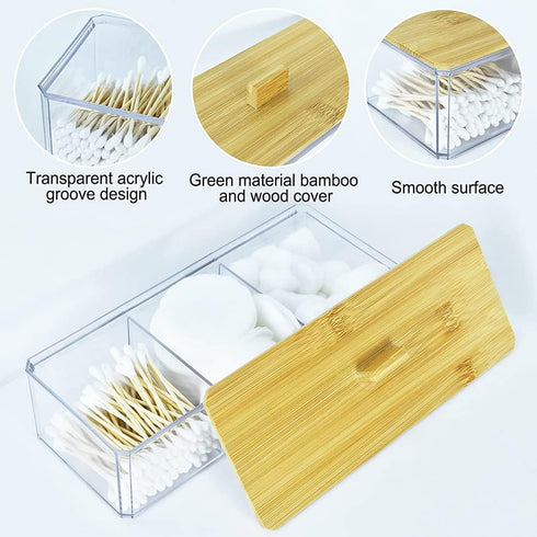 Acrylic Qtip Holder Dispenser with Wood Lid, 3 Compartment Bathroom Organizer for Cotton Swabs and Pads, Countertop