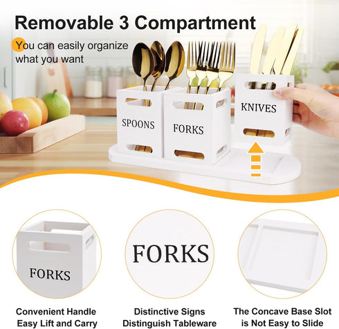 Ayiaren Wooden Flatware Caddy, White Cutlery Holder with Wood Tray for Kitchen Counter, Knife Fork Spoon Organizer