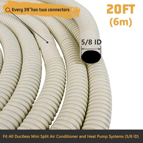 AC Parts 20Ft Flexible Drain Hose - Mini Split AC Water Drain Line for Ductless Systems