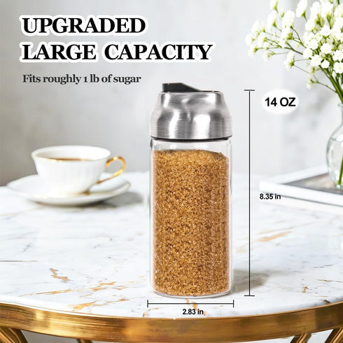 Sets, 14 OZ 2 Pack Large Sugar Dispenser Shaker Glass Sugar Container with Pour Spout for Coffee, Tea, Milk