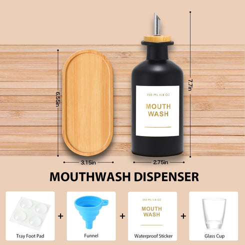 BONLONG 11.8OZ Set 2Black/White Mouthwash Dispenser for Bathroom with Bamboo & Stainless Steel Pour Spout, Mouthwash