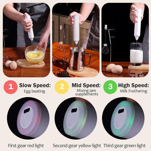 Milk Frother Handheld with 3 Stainless Steel Whisks, Rechargeable Electric Drink Mixer with Stand & Travel Case for