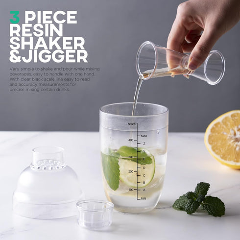 Homestia Plastic Cocktail Shaker with Scale and Jigger Set - 18 oz - Clear Plastic Drink Mixer Bartender Kit