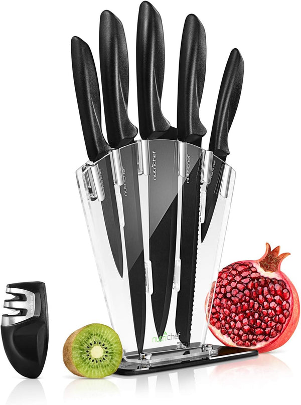 NutriChef 7 Piece Kitchen Knife Set, Stainless Steel Precision Knives with 5 Knives & Bonus Sharpener, Acrylic Block