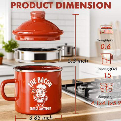 15OZ PGYARD Mini Bacon Grease Saver With Strainer - Enamel Grease Container, Farmhouse Bacon Grease Keeper For Kitchen
