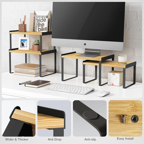 Kitchen Cabinet Organizer Shelves, Set of 4 Expandable Counter Shelf Rack for Plates, Dishes, and Mugs (Bamboo, Black)