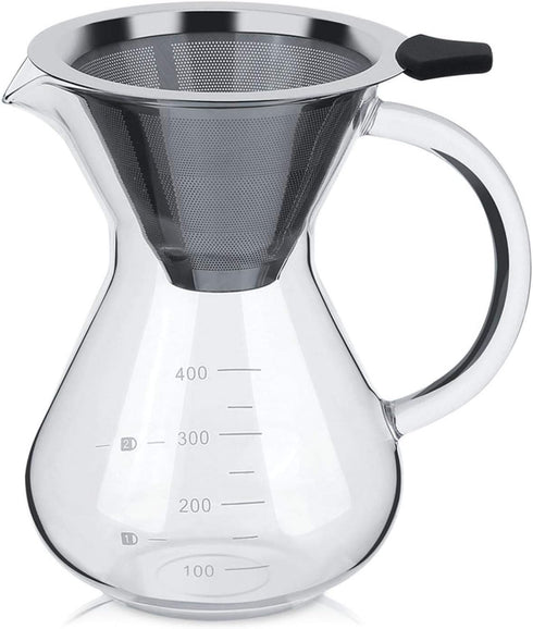 Pour Over Coffee Maker, Reusable 400ml Borosilicate Glass Hand Drip Manual Dripper Brewer Pot with Scale, Portable for