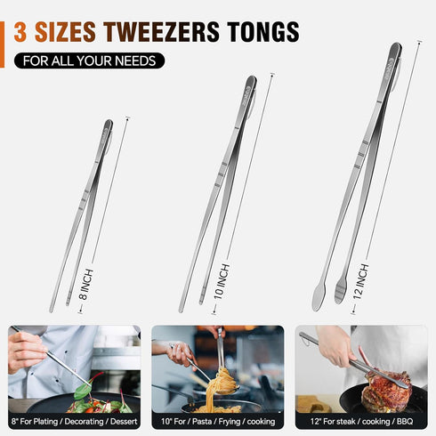 Kitchen Tweezers Tongs, Cooking Tweezers Stainless Steel - 3 Sizes for Meat, Pasta, and Plating