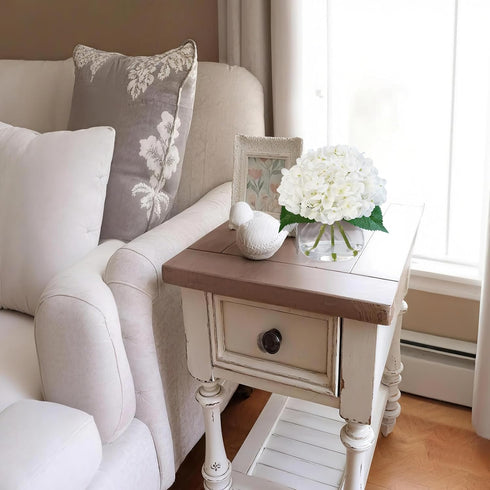 Hydrangea Artificial Flowers in Glass Vase, White Silk Fake Flowers Silk Centerpiece Table Decorations for Dining Room