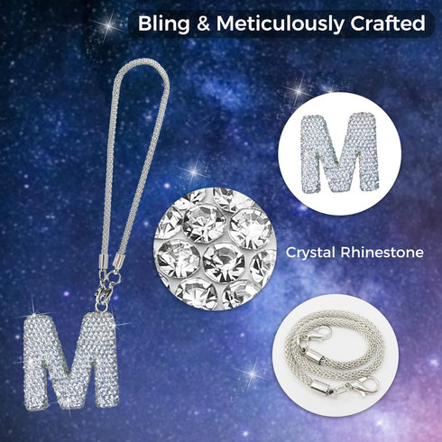 Bling Car Letter Charm, Cute Hanging Crystal Pendant Rear View Mirror Ornament, Rhinestone Women Auto Decoration (White