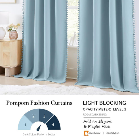 84 Inches 2 52" 84" Melodieux Blue Pom Pom Curtains Long for Bedroom, Living Room Darkening Blackout Boho Curtains
