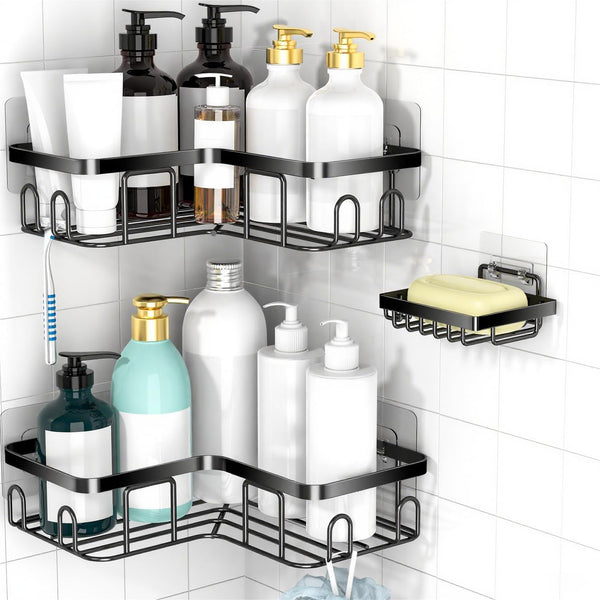 Moforoco Corner Shower Caddy Shelf Organizer Rack, Self Adhesive Black Bathroom Shelves