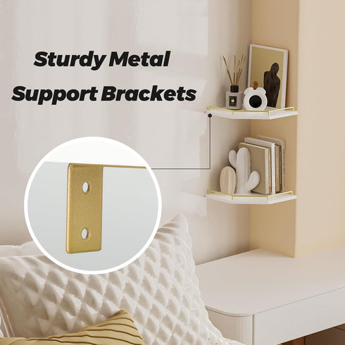 2-Tier 9.5-inch Tirzah White Wall Mount Corner Shelf with Gold Metal Guardrail, Diamond-Shaped Wood Corner Floating