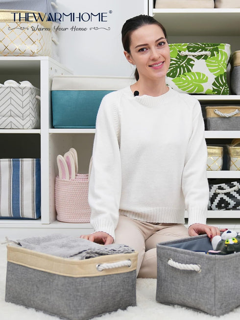 TheWarmHome Fabric Storage Bins for Organizing, Sturdy Foldable Storage Baskets with Handles, 3 Pack, Gold&Grey